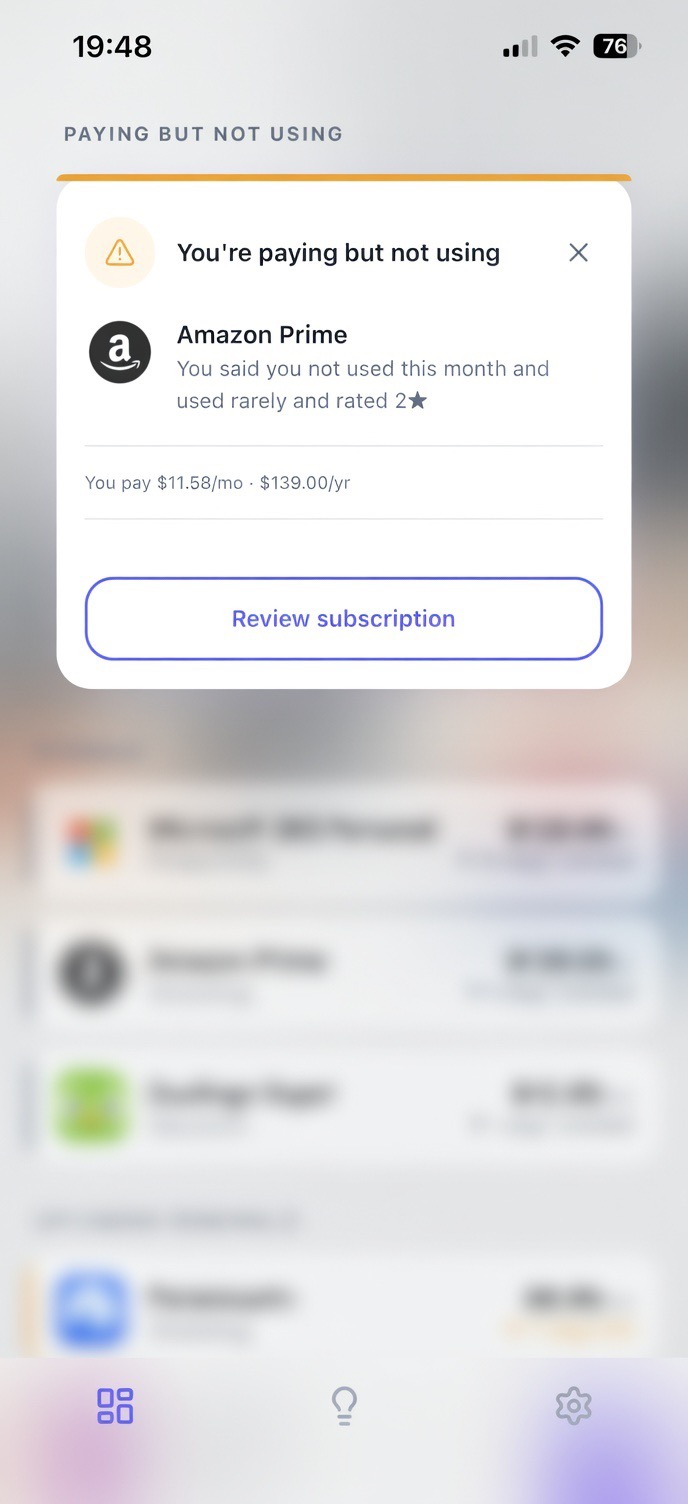 Usage insights screen in Substract